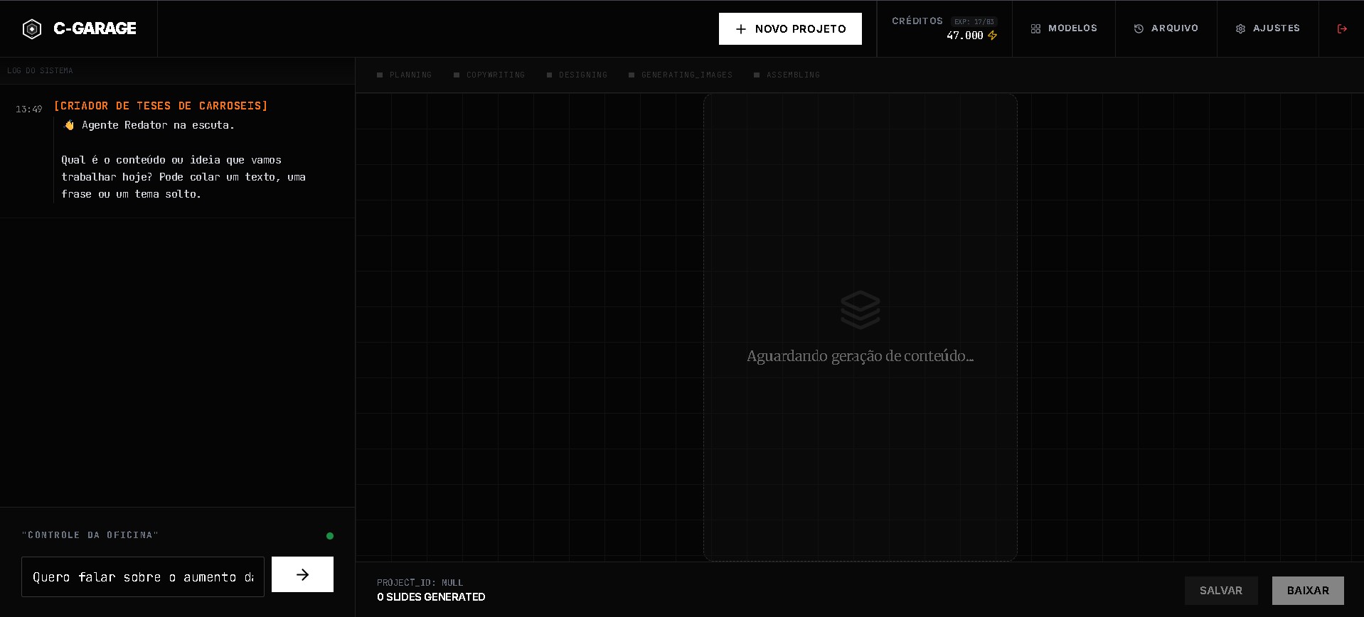 Digitando tema na C-Garage