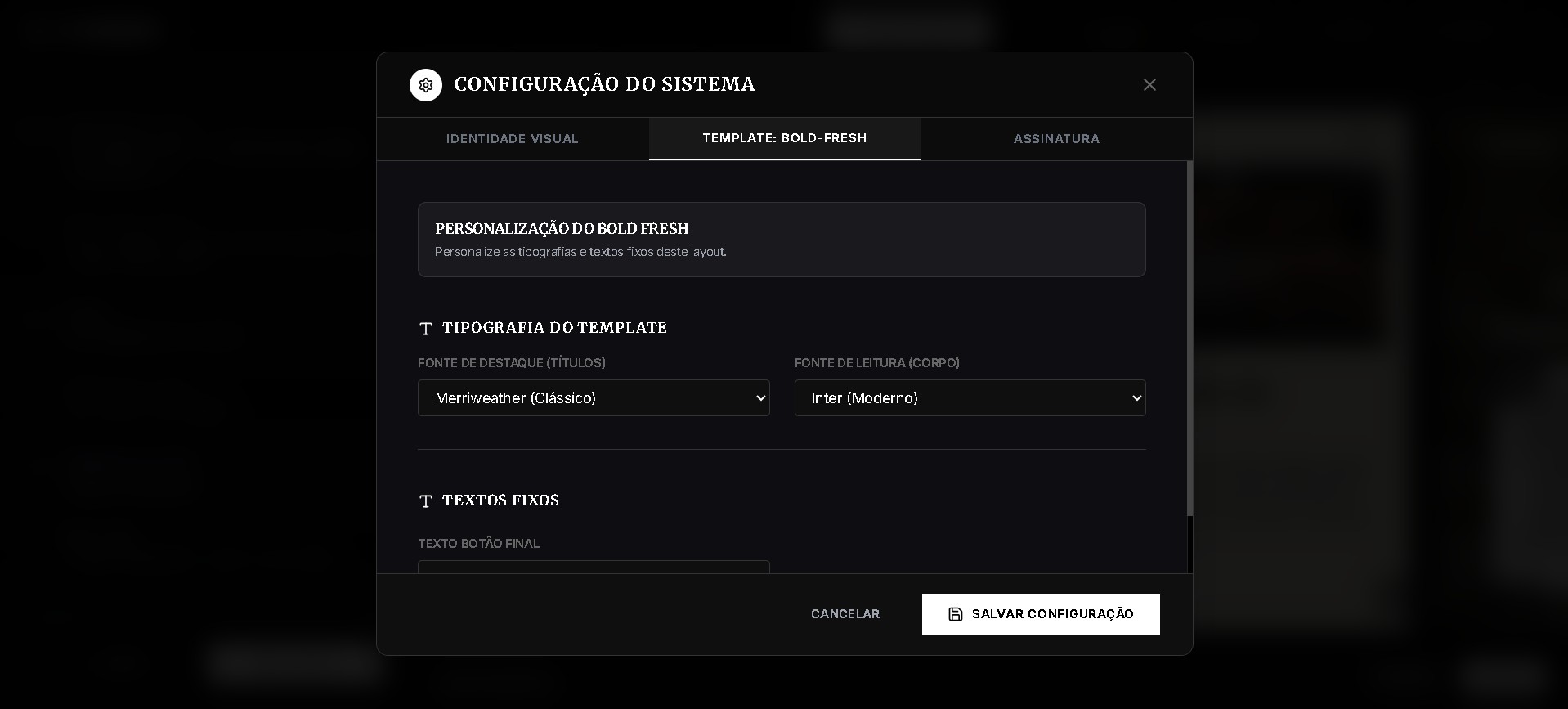 Configuração de personalização do carrossel C-Garage — ajuste de tipografia, fontes de título e corpo, e textos fixos do template