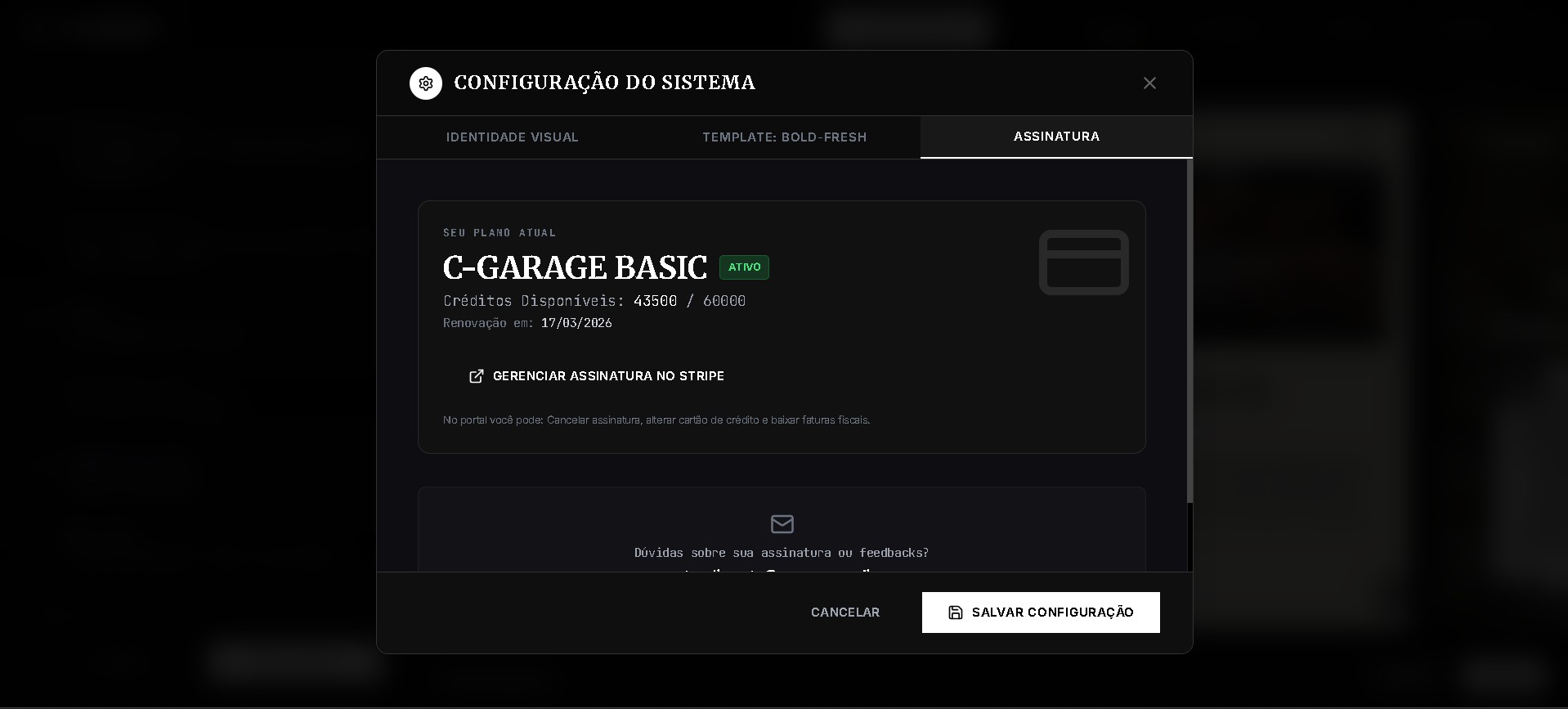 Tela de gerenciamento de assinatura C-Garage no Stripe — plano ativo com créditos disponíveis e opção de gerenciar pagamento
